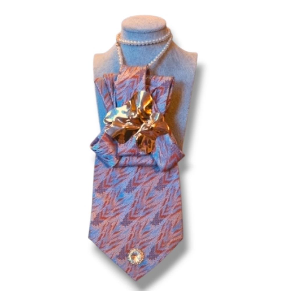 3/$60 Statement Brooch Folded Cravat Necklace in Blue and Copper